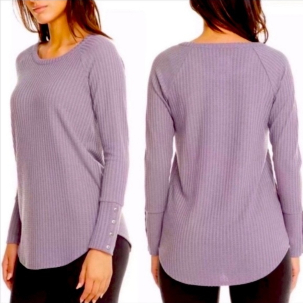 Chaser Top Womens Long-Sleeve Waffle-Knit Thermal Button-Cuff Purple Chest 42"